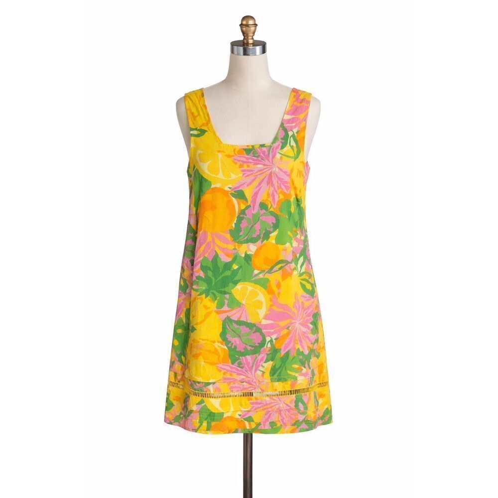 C&C California Linen Tropical Citrus Floral Sleeveless Shift Dress Summer Sz XS